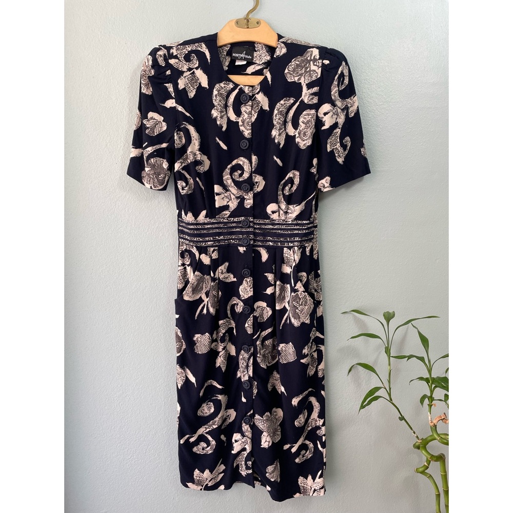 🌱5/$25🌱 Positive Attitude | 80s 90s Navy Floral Button-Down Office Pencil Dress - Picture 2 of 8